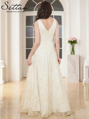 画像3: [送料無料][SETTAN]アイボリー・総レース・総スパンコール・刺繡・Vネック・ノースリーブ・フレア・Aライン・ロングドレス[即日発送][大きいサイズあり]