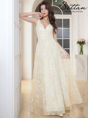 画像5: [送料無料][SETTAN]アイボリー・総レース・総スパンコール・刺繡・Vネック・ノースリーブ・フレア・Aライン・ロングドレス[即日発送][大きいサイズあり]