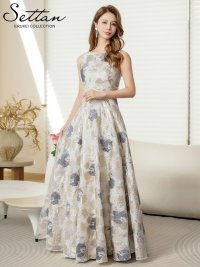 [送料無料][SETTAN]ゴールド×グレー・ノースリーブ・ラウンドネック・花柄・フラワー・フレア・Aライン・ロングドレス[即日発送][大きいサイズあり]