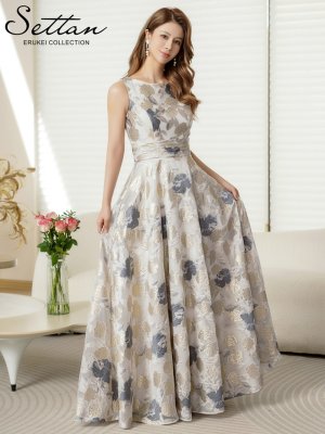 画像2: [送料無料][SETTAN]ゴールド×グレー・ノースリーブ・ラウンドネック・花柄・フラワー・フレア・Aライン・ロングドレス[即日発送][大きいサイズあり]