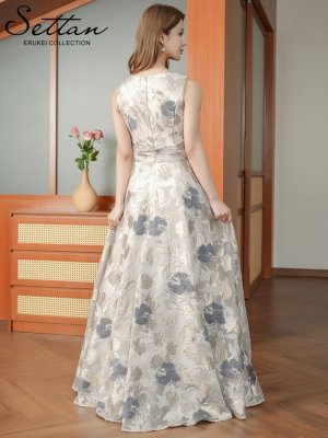 画像3: [送料無料][SETTAN]ゴールド×グレー・ノースリーブ・ラウンドネック・花柄・フラワー・フレア・Aライン・ロングドレス[即日発送][大きいサイズあり]