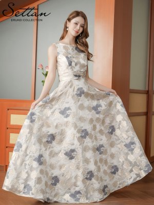 画像5: [送料無料][SETTAN]ゴールド×グレー・ノースリーブ・ラウンドネック・花柄・フラワー・フレア・Aライン・ロングドレス[即日発送][大きいサイズあり]