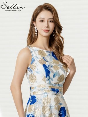 画像4: [送料無料][SETTAN]ゴールド×ブルー・ゴールド×グレー・ゴールド×ブルー・ノースリーブ・ラウンドネック・金糸・花柄・フラワー・フレア・Aライン・ロングドレス[即日発送][大きいサイズあり]
