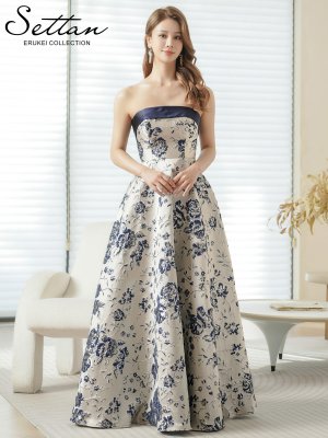 画像1: [送料無料][SETTAN]シルバー×ネイビー・ベア・ジャガード・金糸・花柄・Aライン・切替・フレア・ロングドレス[即日発送][大きいサイズあり]