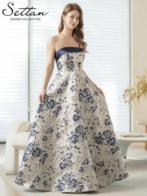 画像2: [送料無料][SETTAN]シルバー×ネイビー・ベア・ジャガード・金糸・花柄・Aライン・切替・フレア・ロングドレス[即日発送][大きいサイズあり]