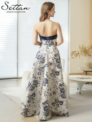 画像3: [送料無料][SETTAN]シルバー×ネイビー・ベア・ジャガード・金糸・花柄・Aライン・切替・フレア・ロングドレス[即日発送][大きいサイズあり]