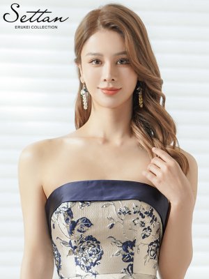 画像4: [送料無料][SETTAN]シルバー×ネイビー・ベア・ジャガード・金糸・花柄・Aライン・切替・フレア・ロングドレス[即日発送][大きいサイズあり]