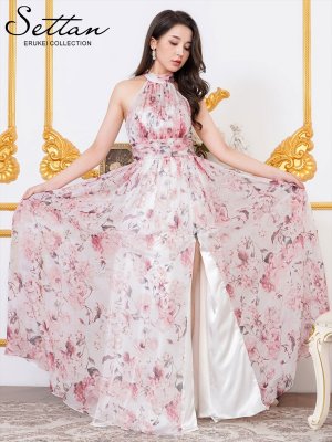 画像2: [送料無料][SETTAN]ピンク×ホワイト・レッド×ホワイト・アメリカンスリーブ・シフォン・花柄・プリント・スリット・セクシー・Aライン・ロングドレス[即日発送][大きいサイズあり]