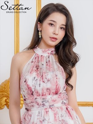 画像4: [送料無料][SETTAN]ピンク×ホワイト・レッド×ホワイト・アメリカンスリーブ・シフォン・花柄・プリント・スリット・セクシー・Aライン・ロングドレス[即日発送][大きいサイズあり]