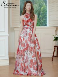 [送料無料][SETTAN]レッド×ホワイト・ピンク×ホワイト・アメリカンスリーブ・シフォン・花柄・プリント・スリット・セクシー・Aライン・ロングドレス[即日発送][大きいサイズあり]
