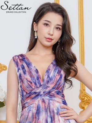 画像4: [送料無料][SETTAN]ブルー・オレンジ・シフォン・滲み・プリント・ギャザー・ノースリーブ・Vネック・Aライン・ロングドレス[即日発送][大きいサイズあり]