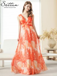[送料無料][SETTAN]オレンジ・ブルー・シフォン・滲み・プリント・ギャザー・ノースリーブ・Vネック・Aライン・ロングドレス[即日発送][大きいサイズあり]