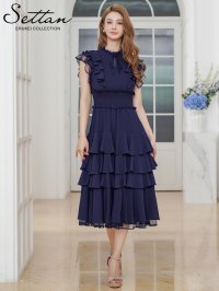 [送料無料][SETTAN]ネイビー・ワインレッド・ホワイト・無地ドレス・シンプル ・ティアード・フリル・プチハイネック・ミディアムドレス・ワンピース[即日発送][大きいサイズあり]