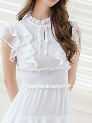 画像10: [送料無料][SETTAN]ワインレッド・ホワイト・ネイビー・無地ドレス・シンプル ・ティアード・フリル・プチハイネック・ミディアムドレス・ワンピース[即日発送][大きいサイズあり]