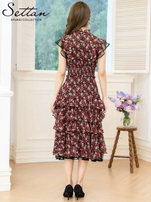 画像3: [送料無料][SETTAN]ブラック×レッド・花柄・ティアードフリル・Aライン・レースポイント・ミディアムドレス・ワンピース・ワンピース[即日発送][大きいサイズあり]