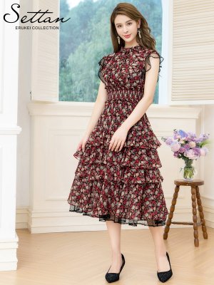 画像5: [送料無料][SETTAN]ブラック×レッド・花柄・ティアードフリル・Aライン・レースポイント・ミディアムドレス・ワンピース・ワンピース[即日発送][大きいサイズあり]