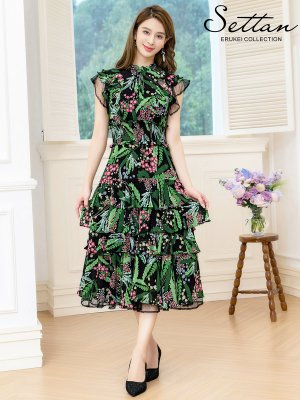 画像5: [送料無料][SETTAN]ブラック×グリーン・花柄・ティアードフリル・Aライン・レースポイント・ミディアムドレス・ワンピース・ワンピース[即日発送][大きいサイズあり]