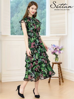 画像6: [送料無料][SETTAN]ブラック×グリーン・花柄・ティアードフリル・Aライン・レースポイント・ミディアムドレス・ワンピース・ワンピース[即日発送][大きいサイズあり]