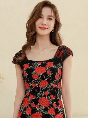 画像4: [送料無料][SETTAN]レッド・ゴールド・薔薇・刺繍・ワンピース・マーメイド・タイト・大人・ミディアムドレス・ワンピース[即日発送][大きいサイズあり]