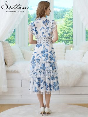 画像3: [送料無料][SETTAN]ホワイト×ブルー・ブラック×ブルー・花柄・プリント・シフォン・プチハイネック・フリルスリーブ・ティアード・Aライン・ミディアムドレス・ワンピース[即日発送][大きいサイズあり]