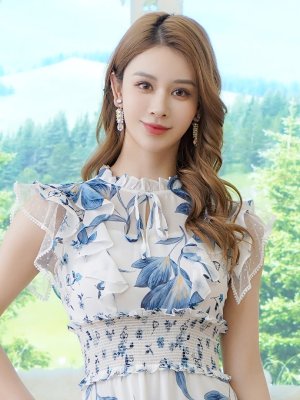 画像4: [送料無料][SETTAN]ホワイト×ブルー・ブラック×ブルー・花柄・プリント・シフォン・プチハイネック・フリルスリーブ・ティアード・Aライン・ミディアムドレス・ワンピース[即日発送][大きいサイズあり]