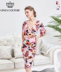 [SALE品のため返品不可][GINZA COUTURE]ピンク・ブルー・カシュクール風・リボン・花柄・パステル・五分袖・ミニドレス・ワンピース[即日発送][大きいサイズあり]