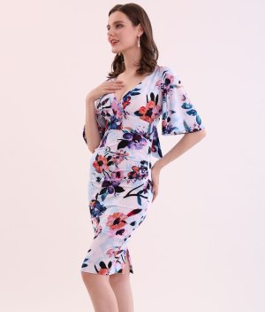 画像4: [送料無料][GINZA COUTURE]ピンク・ブルー・カシュクール風・リボン・花柄・パステル・五分袖・ミニドレス・ワンピース[即日発送][大きいサイズあり]