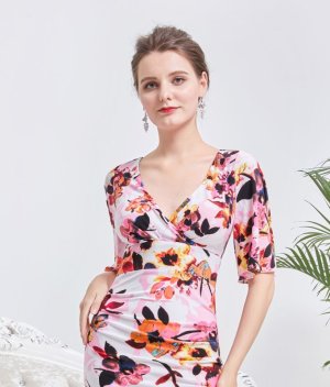 画像7: [送料無料][GINZA COUTURE]ピンク・ブルー・カシュクール風・リボン・花柄・パステル・五分袖・ミニドレス・ワンピース[即日発送][大きいサイズあり]