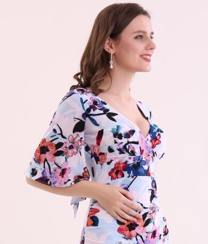 画像9: [送料無料][GINZA COUTURE]ピンク・ブルー・カシュクール風・リボン・花柄・パステル・五分袖・ミニドレス・ワンピース[即日発送][大きいサイズあり]