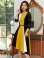 画像1: [GINZACOUTURE]イエロー×ブラック・トリコロール・ ブラックレース・ アシメントリー ・七分袖 ・ミディアムドレス ・ワンピース (1)