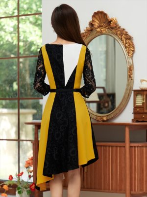 画像3: [GINZACOUTURE]イエロー×ブラック・トリコロール・ ブラックレース・ アシメントリー ・七分袖 ・ミディアムドレス ・ワンピース