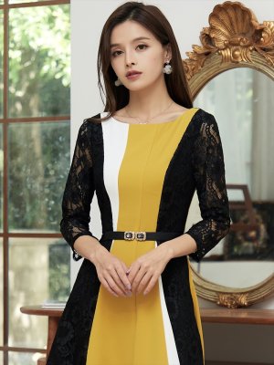 画像4: [GINZACOUTURE]イエロー×ブラック・トリコロール・ ブラックレース・ アシメントリー ・七分袖 ・ミディアムドレス ・ワンピース