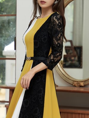 画像5: [GINZACOUTURE]イエロー×ブラック・トリコロール・ ブラックレース・ アシメントリー ・七分袖 ・ミディアムドレス ・ワンピース