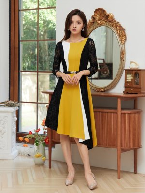 画像6: [GINZACOUTURE]イエロー×ブラック・トリコロール・ ブラックレース・ アシメントリー ・七分袖 ・ミディアムドレス ・ワンピース