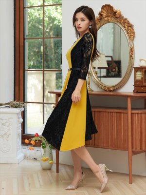 画像7: [GINZACOUTURE]イエロー×ブラック・トリコロール・ ブラックレース・ アシメントリー ・七分袖 ・ミディアムドレス ・ワンピース