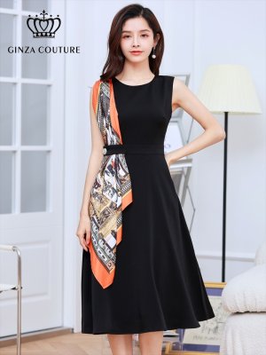 画像1: [GINZA COUTURE]ブラック・ホワイト・レッド・オレンジ系スカーフポイント・ノースリーブ・Aライン・無地・ミディアムドレス・ワンピース