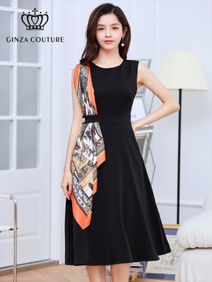 画像1: [送料無料][GINZA COUTURE]ブラック・ホワイト・レッド・ネイビー・スカーフポイント・ノースリーブ・Aライン・無地・ミディアムドレス・ワンピース[即日発送][大きいサイズあり]