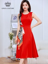 [送料無料][GINZA COUTURE]レッド・ホワイト・ブラック・ネイビー・スカーフポイント・ノースリーブ・Aライン・無地・ミディアムドレス・ワンピース[即日発送][大きいサイズあり]