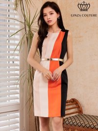 [送料無料][大きいサイズあり][GINZA COUTURE]ブラック・ブラウン・ワインレッド・トリコロールカラー・ノースリーブ・タイト・ベルト付き・ミニドレス・ワンピース[即日発送][大きいサイズあり]
