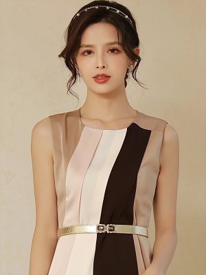 画像15: [送料無料][GINZA COUTURE]ワインレッド・ブラック・ブラウン・トリコロールカラー・ノースリーブ・タイト・ベルト付き・ミニドレス・ワンピース[即日発送][大きいサイズあり]