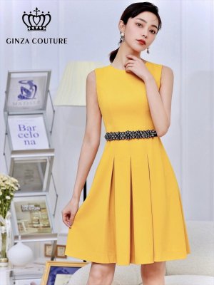 画像1: [送料無料][GINZA COUTURE]イエロー・ロイヤルブルー・ワインレッド・シンプル・Aライン・ベルト・ビジュー・ミニドレス・ワンピース[即日発送][大きいサイズあり]