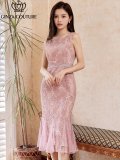 [送料無料][GINZA COUTURE]ピンク・パープル・ブラウン・ホワイト・レース・ノースリーブ・マーメイドライン・ミディアムドレス・ワンピース[即日発送][大きいサイズあり]