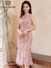 [送料無料][GINZA COUTURE]ピンク・パープル・ブラウン・ホワイト・レース・ノースリーブ・マーメイドライン・ミディアムドレス・ワンピース[即日発送][大きいサイズあり]