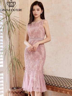 画像1: [送料無料][GINZA COUTURE]ピンク・パープル・ブラウン・ホワイト・レース・ノースリーブ・マーメイドライン・ミディアムドレス・ワンピース[即日発送][大きいサイズあり]