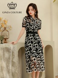 [送料無料][GINZA COUTURE]ブラック×ホワイト・フラワーレース・スカラップレース・首元リボン・ミディアムドレス・ワンピース[即日発送][大きいサイズあり]