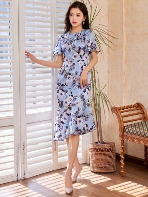 画像5: [送料無料][GINZA COUTURE]ブルー・ブラック・花柄・スリーブドレス・マーメイドライン・ミディアムドレス・ワンピース[即日発送][大きいサイズあり]