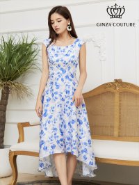 [送料無料][GINZA COUTURE]ブルー・レッド・アシメントリー・ヘムライン・花柄・フレンチスリーブ・Ａライン・フレア・ミディアムドレス・ワンピース[即日発送][大きいサイズあり]