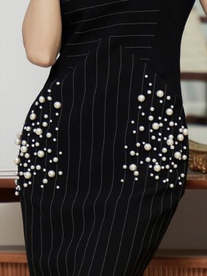 画像10: [送料無料][ERUKEI]ホワイト・ブラック・ピンストライプ・パール・ビジュー・ポケット付き・ノースリーブ・タイト・膝丈・ミディアムドレス・ワンピース[即日発送][大きいサイズあり]