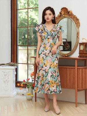 画像3: [SETTAN]プリント・ 花柄 ・スパンコール ・Vネック・ マーメイドライン・ ミディアムドレスワンピース・ ワンピース