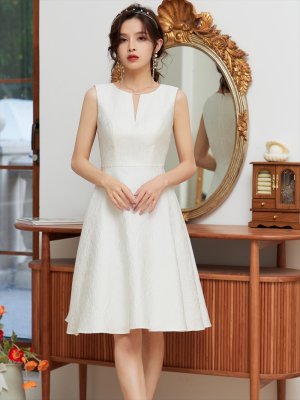 画像16: [送料無料][ERUKEI]ワインレッド・ネイビー・ホワイト・シンプル・ジャガード・切り込みカット・フレア・Aライン・ノースリーブ・膝丈・ミニドレス・ワンピース[即日発送][大きいサイズあり]